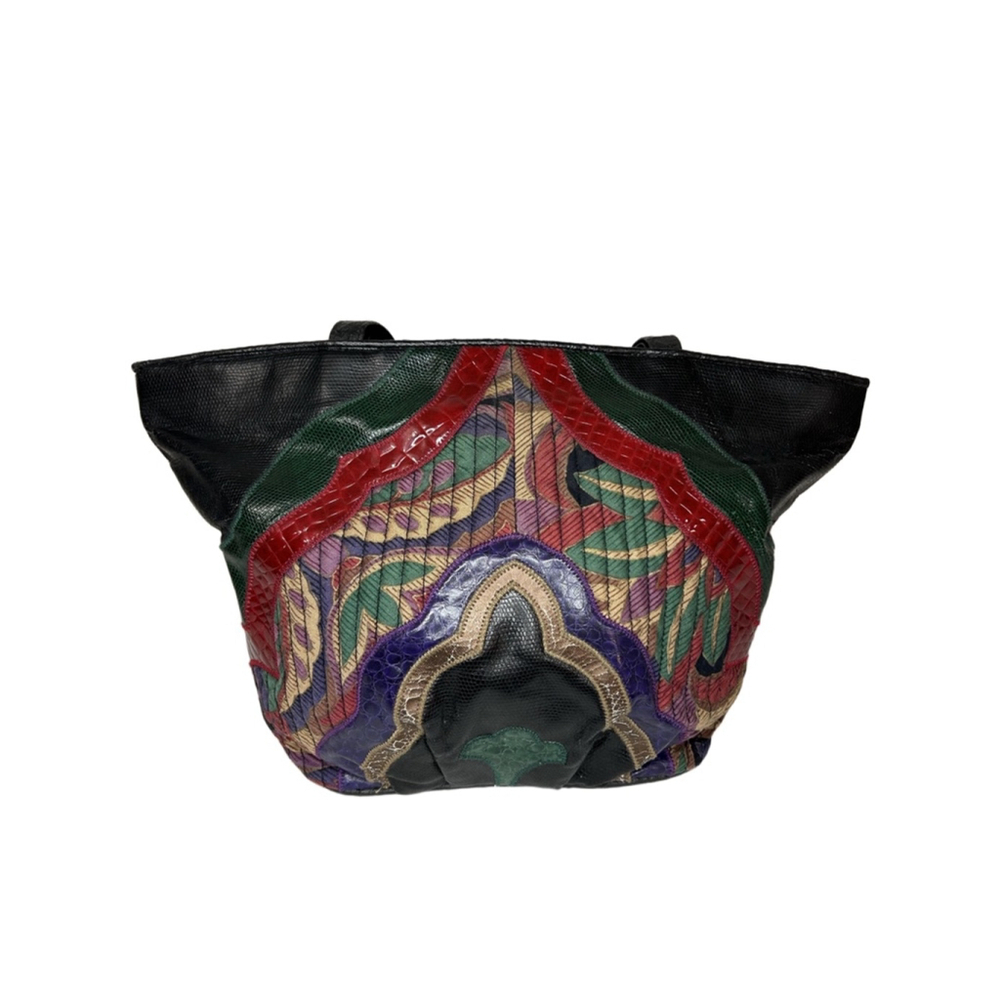 Vintage 80s multicoloured patchwork and quilted design faux leather handbag